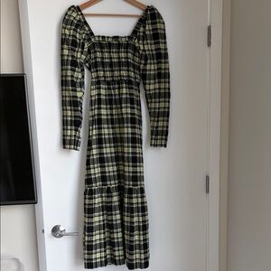 Ganni Checkered Long Sleeve Dress - Black and Yellow